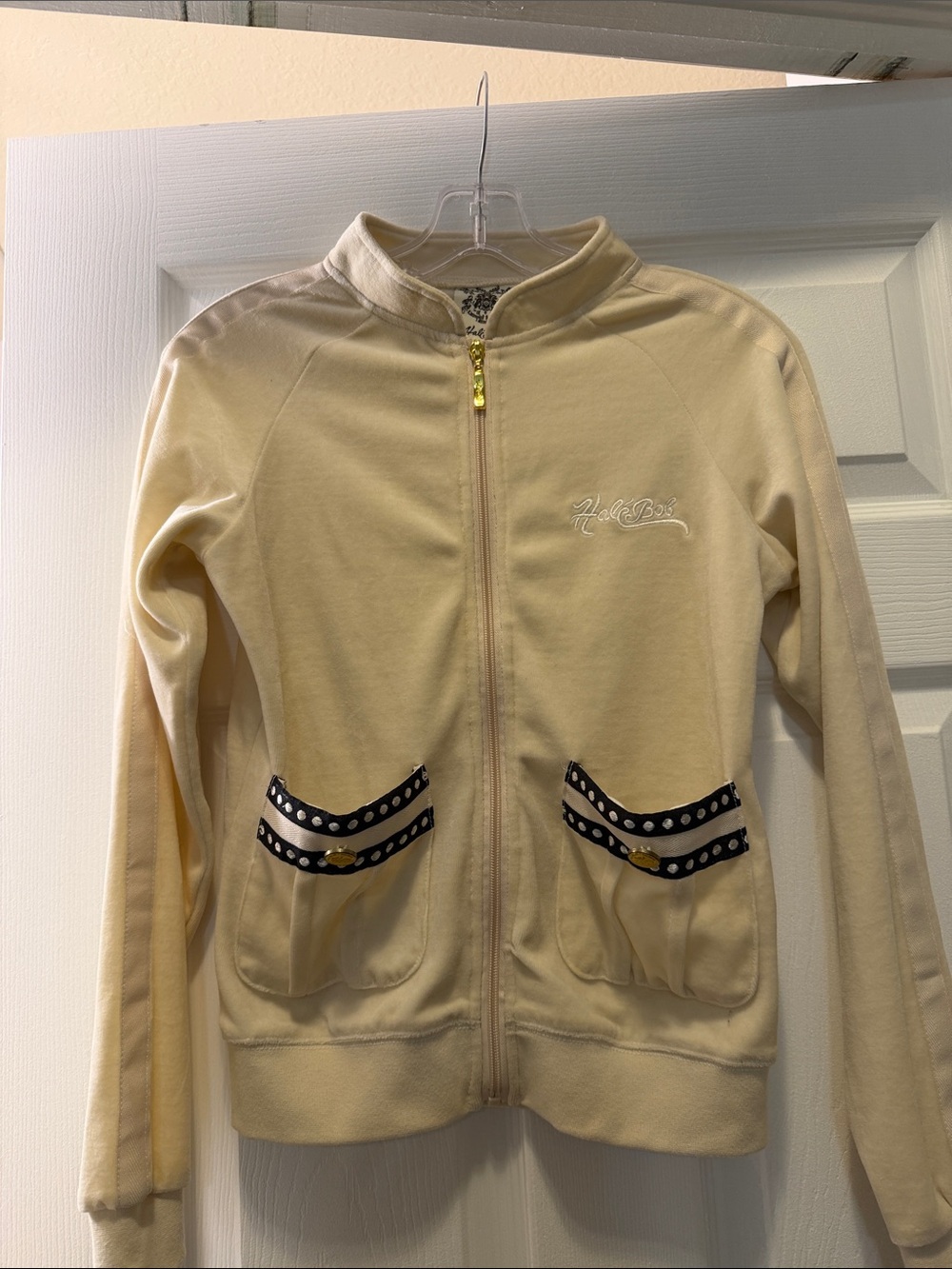 Hale Bob Cream Zip Front Jacket with Black Trim & Gold Accents